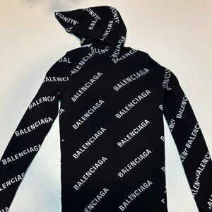 Balenciaga Allover Logo Hooded Sweater in Black Cotton